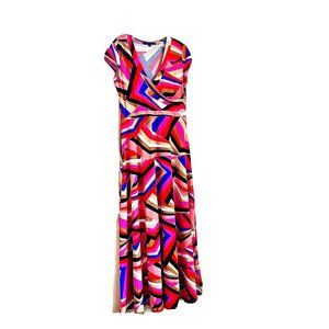 snap Geometric Long Maxi A-Line Dress Size M Cap Slvs Multicolor Faux Wrap New